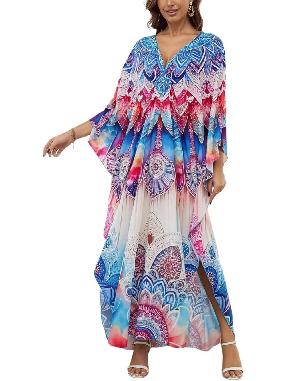 Women's Plus Size Kaftan Maxi Dress Batwing Sleeve Beach Cover Up-8759-color35